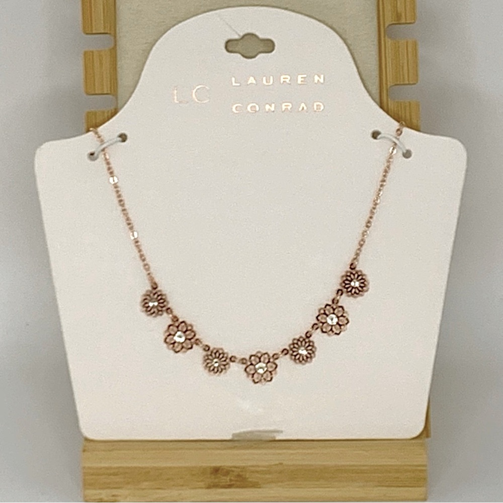 Signed LC Lauren Conrad Delicate Gold Plated Flower & Cubic Zirconia Necklace - Picture 2 of 7